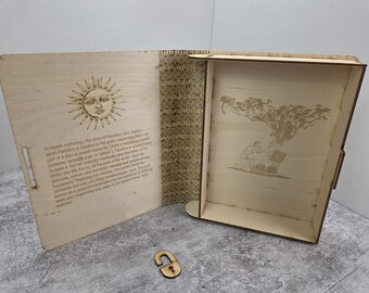 Laser Cut Wooden Book Box | Pandora's Box Mythology Keepsake Storage