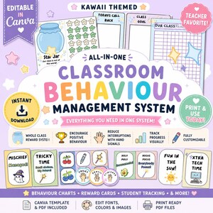 Könnte beinhalten: Eine Vorlage für ein Klassenraum-Verhaltensmanagementsystem mit Kawaii-Thema. Enthält Diagramme, Belohnungskarten und Schüler-Tracking-Tools. Verfügt über editierbare Canva-Vorlagen und druckbare PDF-Dateien. Das Design umfasst ein Sternenglas, Belohnungssymbole und den Text "Classroom Behaviour Management System".