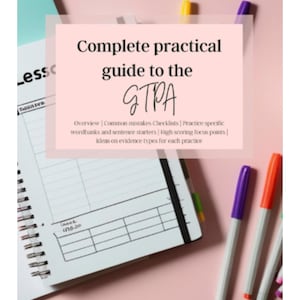 May include: A notebook with the text "Complete practical guide to the GTPA" and colorful markers on a pink background. The notebook is open, revealing lined pages and a spiral binding. Markers are purple, orange, and green.
