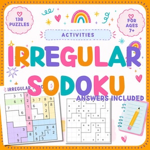 May include: A colorful book cover with the title "IRREGULAR SODOKU" in large, multi-colored letters. The cover includes the text "138 PUZZLES", "ACTIVITIES", and "ANSWERS INCLUDED". There are sample puzzles and a pencil on a notepad.