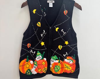 Vintage 2004 Tiara International Halloween-sweatervest Pumpkin Ghost Zip Knit Medium UK 12 14