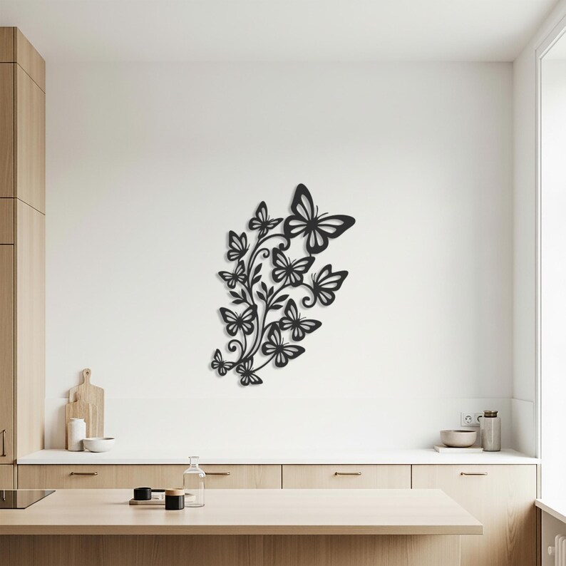 Butterfly Floral Metal Wall Art, Nature Inspired Wall Decor, Elegant Flower Design, Modern Botanical Wall Hanging, Minimalist Home Decor image 3
