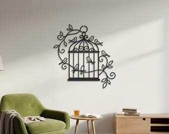 Bird Cage Metal Wall Art, Vintage Floral Decor, Nature Wall Hanging, Birds Line Art, Romantic Garden Style, Elegant Metal Wall Sculpture