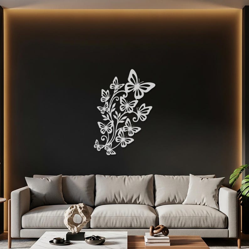 Butterfly Floral Metal Wall Art, Nature Inspired Wall Decor, Elegant Flower Design, Modern Botanical Wall Hanging, Minimalist Home Decor image 2