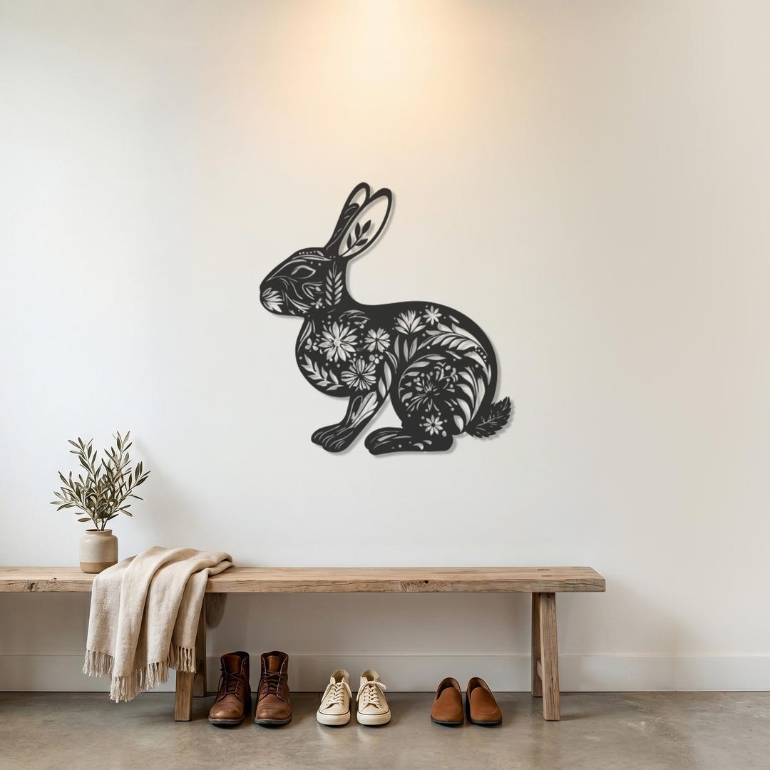 Floral Rabbit Wall Art, Bunny Metal Wall Decor, Nature Animal Decor ...