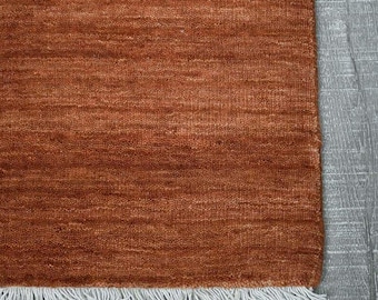 Handknuten rostfärgad ullmatta, bränd orange matta, modern handgjord matta, enfärgad minimalistisk matta, specialanpassad lyxig ullmatta