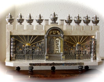 Judaica Hebrew Israeli Mediterranean unique handmade sterling silver  and Jerusalem stone Menorah lamp for Hanukkah.