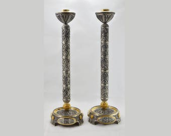 Unique handmade sterling silver Judaica Shabbat Pair of Candle Holders  Candelabra.