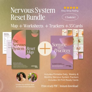 May include: A Nervous System Reset Bundle featuring a map, worksheets, trackers, and 35 cards. The set includes a green map titled The Nervous System Reset Map and a purple card deck titled Somatic Micro Practices, with additional printable trackers.