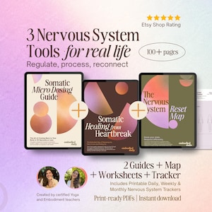 Può includere: Tre guide digitali intitolate Somatic Micro Dosing Guide, Somatic Healing from Heartbreak e The Nervous System Reset Map. Il set include oltre 100 pagine di fogli di lavoro e tracker del sistema nervoso stampabili in formato PDF.