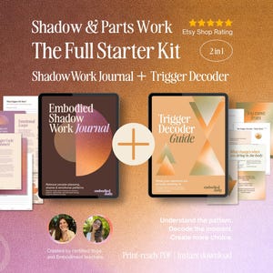 以下が含まれることがあります： Embodied Shadow Work JournalとTrigger Decoder Guideを含むデジタルスターターキット。テキスト、幾何学模様、茶色、オレンジ、クリーム色のグラデーションが施された複数のページで構成されています。2つのメインカバーの間にはプラス記号があり、下部には2つの円形ポートレートが表示されています。