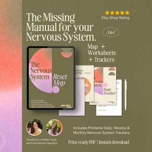 May include: A digital product bundle titled "The Missing Manual for your Nervous System." The bundle includes a reset map, worksheets, and trackers. The cover art features a tablet with the title and a colorful design. Additional printed materials and a pen are also visible.