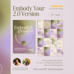 Könnte beinhalten: Ein Kartenset mit Affirmationen namens "Embody Your 2.0 Version" mit einem sanften Farbverlauf in Lila, Grün und Gold. Über 60 Karten mit Affirmationen für Ruhe, Selbstvertrauen und Vertrauen. Das Produkt ist ein druckfertiges PDF.
