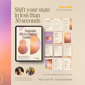 May include: A digital product display featuring a tablet with the title "Somatic Micro Dosing Guide" and additional informational cards. The color scheme includes gradients of orange, pink, and purple. Text includes "Shift your state in less than 30 seconds."