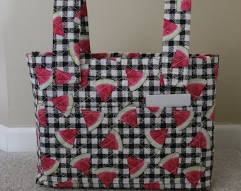 Walker Bag, Watermelon Slices on Check background, Quilted, walker purse, grandma, tote, mobility bag, rollator