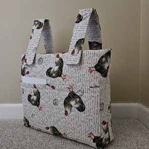 Walker Bag, Hens on an off white background, Quilted, walker purse, grandma, tote, mobility bag, rollator