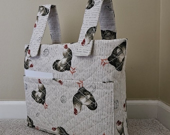 Walker Bag, Hens on an off white background, Quilted, walker purse, grandma, tote, mobility bag, rollator