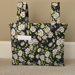 Walker Bag,Daisy floral print on a black background, Quilted, purse, gift, grandma, tote, mobility bag, mother, walker, rollator