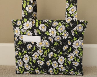 Walker Bag,Daisy floral print on a black background, Quilted, purse, gift, grandma, tote, mobility bag, mother, walker, rollator