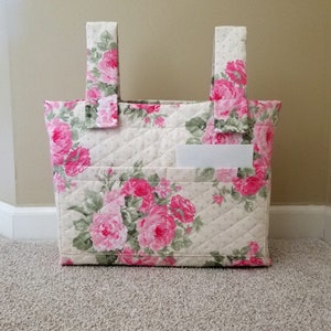 Walker Bag, Pink Floral Print on Cream background, Quilted, walker purse, grandma, tote, mobility bag, rollator