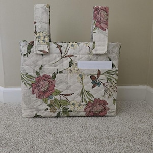 Walker Bag, Rose Flowers on a Cream Background, Quilted, walker purse, grandma, tote, mobility bag, rollator