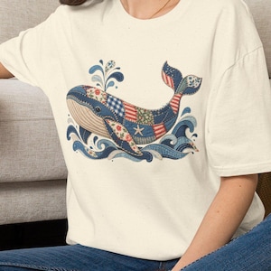 Patchwork patriottisch walvis T-shirt | Nautisch walvismotief