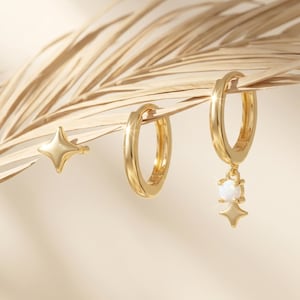 18K Gold Filled 3-teiliges Opal Stern Ohrring Set, minimalistische Huggie Hoop Ohrringe, kleine Stern Ohrstecker, zierliche Opal Tropfen Ohrringe, kuratierter Ohr Stapel