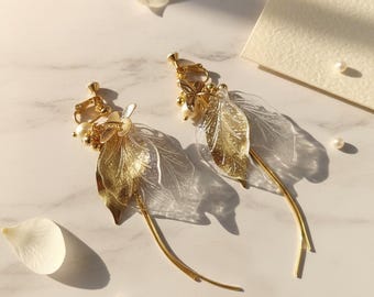 Gold Leaf Earrings, Frosted Acrylic Petal Drop, Long Chain Tassel, 14K Gold Filled, Fairycore Botanical Jewelry, Clip On Option