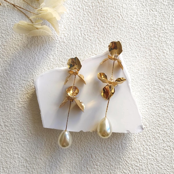 Gold Flower Earrings, Sculptural Floral Drop, Textured Double Petal, Long Pearl Statement, Bridal Wedding Guest, Clip On Option