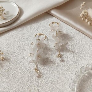 Frosted Flower Hoop Earrings, Resin Petal Dangle, 14K Gold Filled Crystal Tassel, Bridal Wedding Jewelry, Clip On Option, Fairycore Jewelry image 11