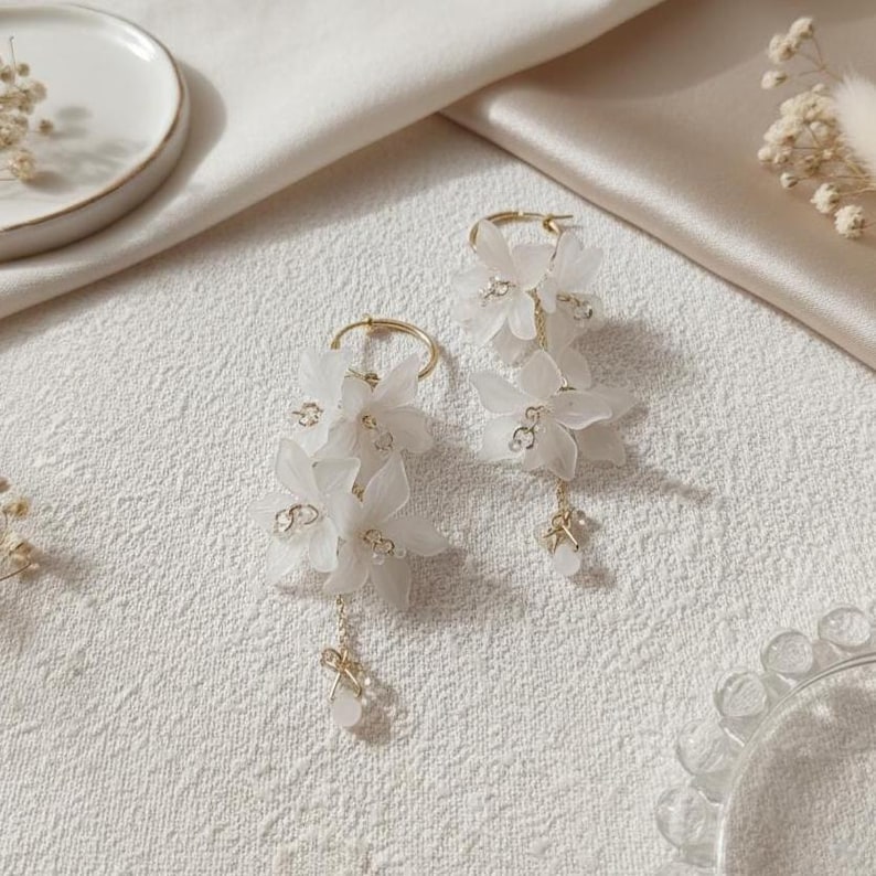 Frosted Flower Hoop Earrings, Resin Petal Dangle, 14K Gold Filled Crystal Tassel, Bridal Wedding Jewelry, Clip On Option, Fairycore Jewelry image 11