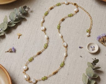 Natural Peridot & Freshwater Pearl Necklace, 18K Gold Filled Wire-Wrapped Beaded Chain