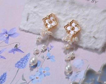 Hand-carved Mother of Pearl Clover Earrings with Freshwater Pearl Clusters, 14K Gold Filled Bridal Dangle, Clip On Option, Good Luck Gift