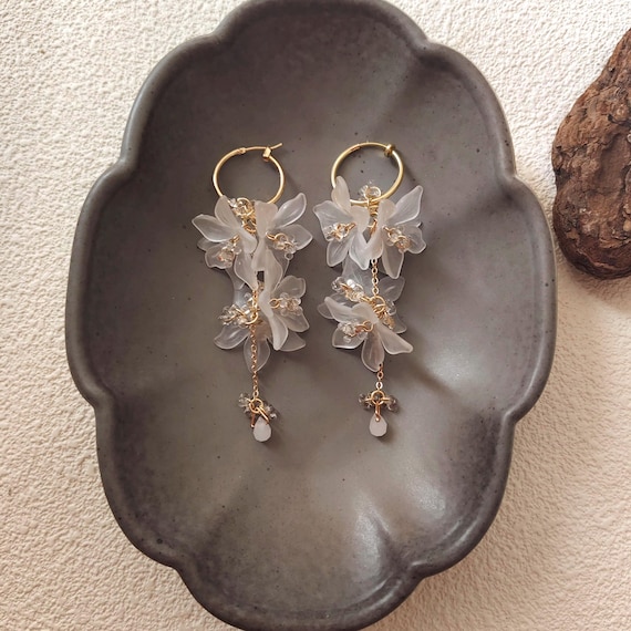 Frosted Flower Hoop Earrings, Resin Petal Dangle, 14K Gold Filled Crystal Tassel, Bridal Wedding Jewelry, Clip On Option, Fairycore Jewelry
