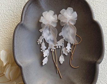 White Frosted Flower Earrings, Resin Petal & Lace Drop, Long Gold Fringe, Bridal Wedding Jewelry, 14K Gold Filled Chain, Fairycore Inspired