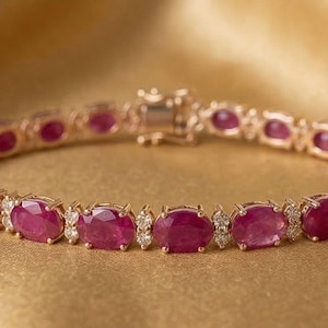 14k Yellow Gold, Oval Ruby Tennis Bracelet with Lab Grown Diamonds • Red Gemstone Jewelry • Anniversary Gift for Wife