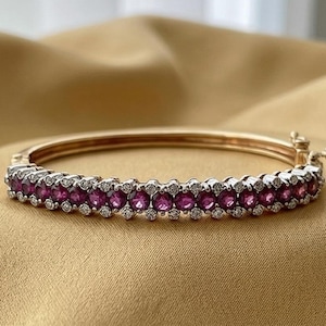 Antique Ruby Diamond Bangle Bracelet 14K Two Tone Gold, Natural Ruby Vintage 1940s Jewelry, Art Deco Style Gift for Her