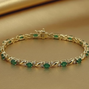14K Yellow Gold Oval Cut Emerald & Diamond Tennis Bracelet , May Birthstone Gift , Anniversary Jewelry , Wedding Bracelet Gift For Women's