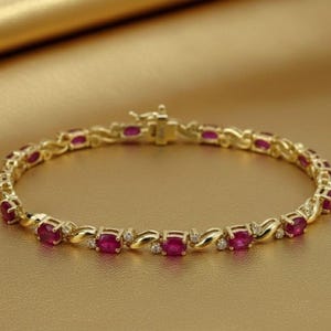 14K Yellow Gold Oval Ruby Diamond Tennis Bracelet, July Birthstone, Anniversary Jewelry