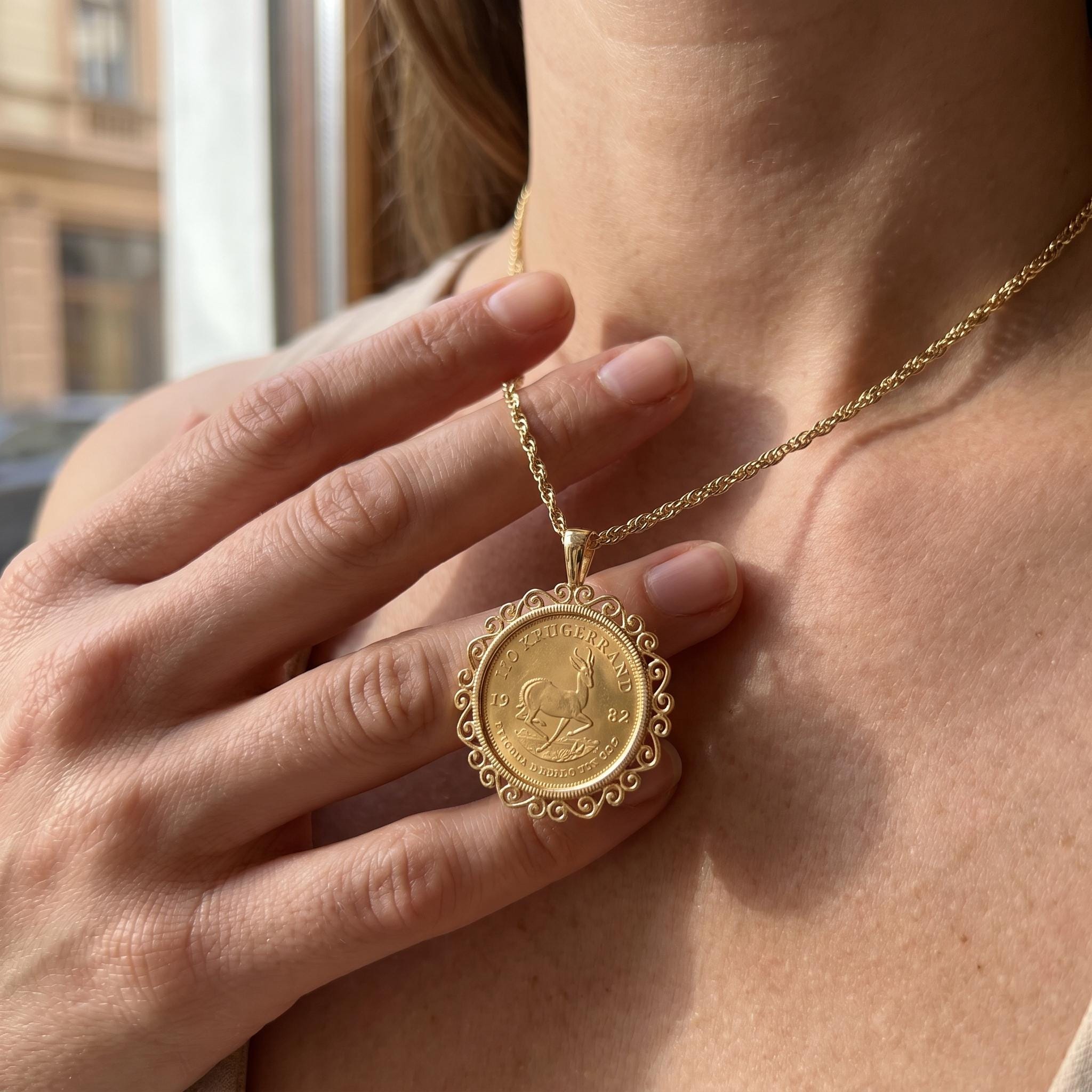 Vintage Krugerrand Coin Pendant Necklace 1982, Gold Plated 14K