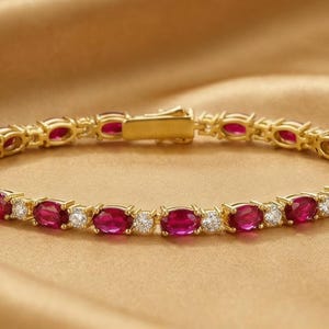 14K Yellow Gold Plated Ruby and Moissanite Tennis Bracelet for Her, July Birthstone Jewelry