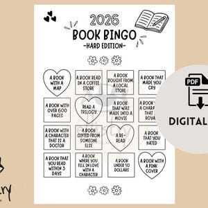 Könnte beinhalten: Schwarz-weißes 2026 Book Bingo-Spiel mit verschiedenen Leseherausforderungen. Enthält ein Symbol für eine digitale Datei und den Text "Digital File". Das Design zeigt Herzen, Blumen und eine Illustration eines offenen Buches.