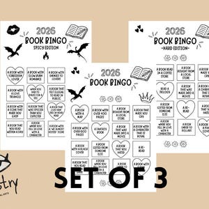 Könnte beinhalten: Set mit 3 schwarz-weißen '2026 Book Bingo' Karten. Die Karten haben verschiedene Themen, darunter eine 'Spicy Edition' und eine 'Hard Edition'. Jede Karte enthält Aufforderungen zum Lesen.