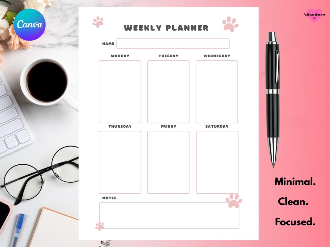 Minimal Weekly Planner Canva Template | Editable Productivity Schedule ...