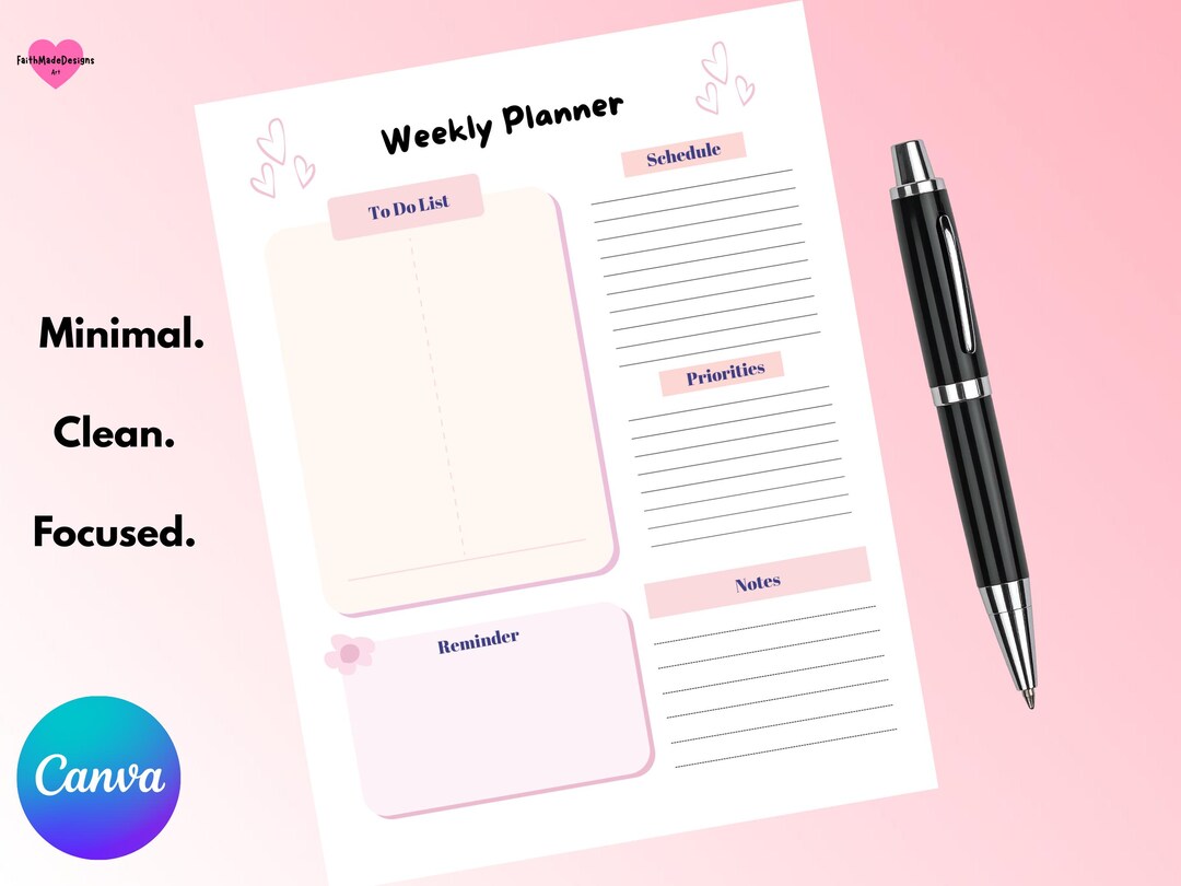 Minimal Weekly Planner Template | Printable Schedule (digital Download ...