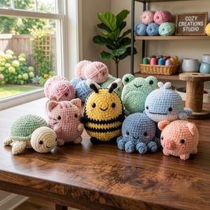 May include: A collection of crocheted plush toys including a green turtle, a pink cat, a yellow and black bee, a green frog, a blue whale, a blue octopus, and a pink pig, all arranged on a wooden table with various yarn balls in the background.