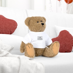 Puede incluir: Un oso de peluche marrón con una camiseta blanca con las letras "JKL" en un recuadro azul marino. El oso tiene patas color canela y está sentado sobre una superficie blanca. Cojines rojos en forma de corazón a ambos lados.