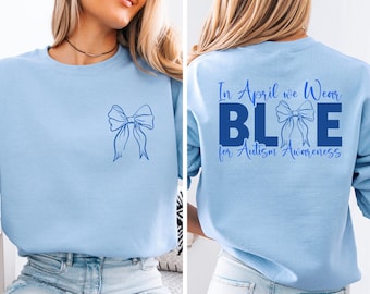 In April We Wear Blue Autism Awareness Shirt, Coquette Autism Bow Tee