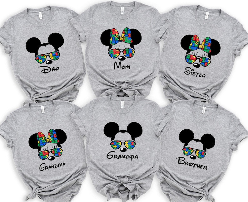 Camiseta familiar de concienciación sobre el autismo: camisetas a juego de Mickey Mouse con piezas de rompecabezas imagen 2