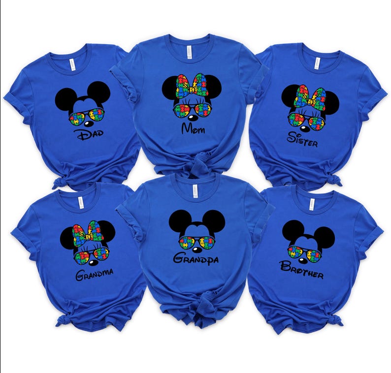 Camiseta familiar de concienciación sobre el autismo: camisetas a juego de Mickey Mouse con piezas de rompecabezas imagen 3
